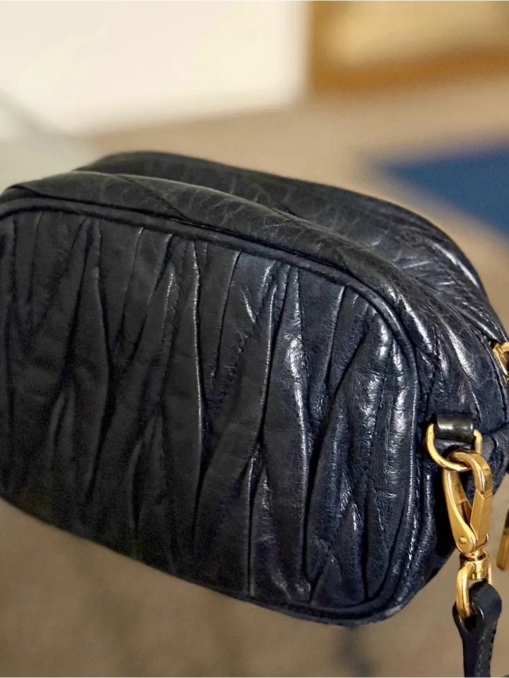 Miu Miu Quilted Navy Leather Crossbody with Gold Hardware